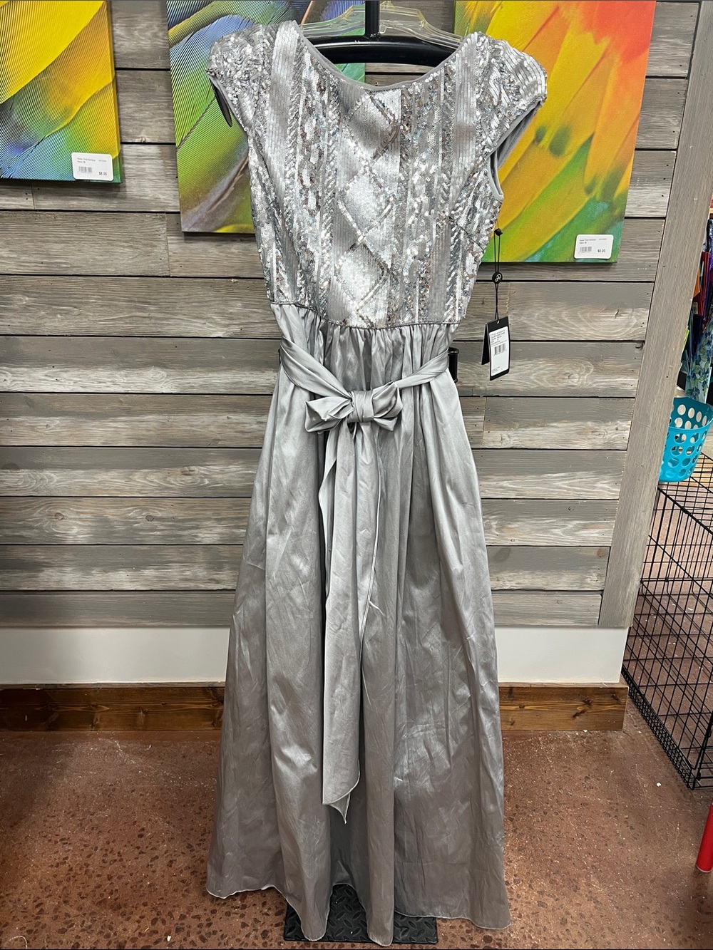 Adrianna Papell Silver Sequin Bodice Satin-Look Evening Gown with Sash